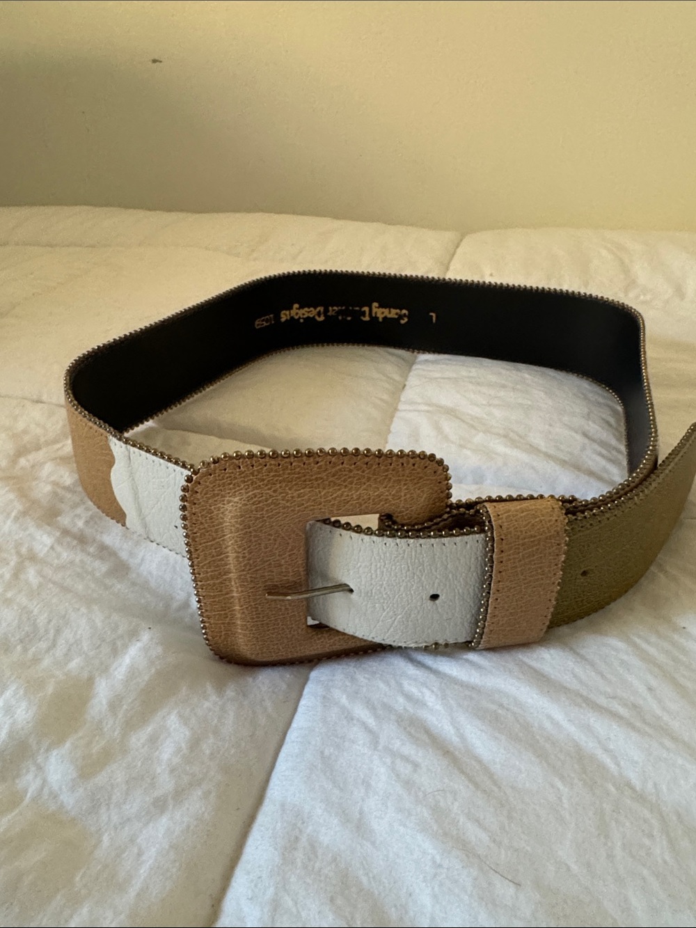 Vintage Sandy Duftler Designs 1999 Wide Leather Statement Belt Tan White Olive - Picture 6 of 10